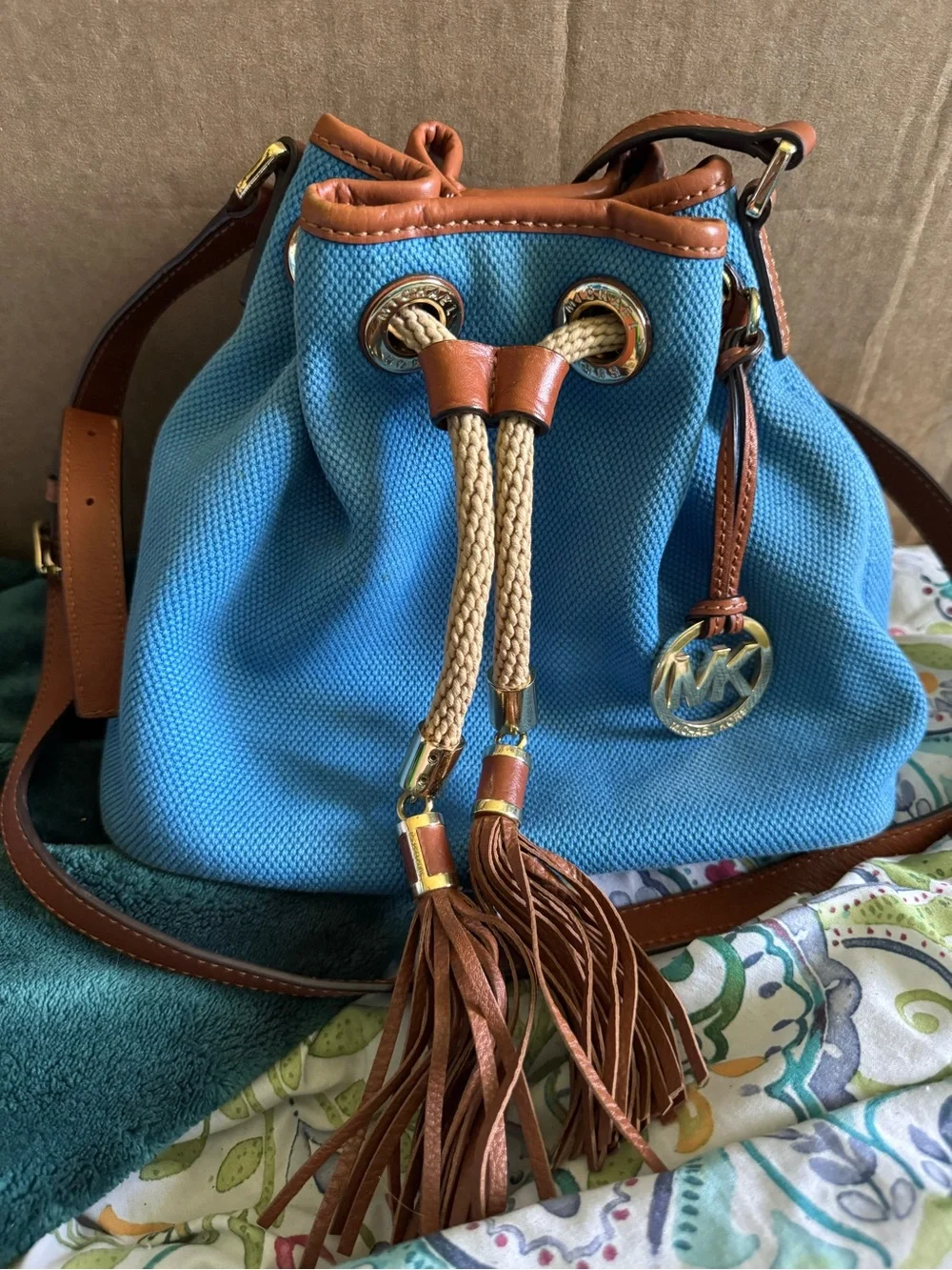 Michael Kors Turquoise Canvas Bucket Bag with Brown Leather Trim